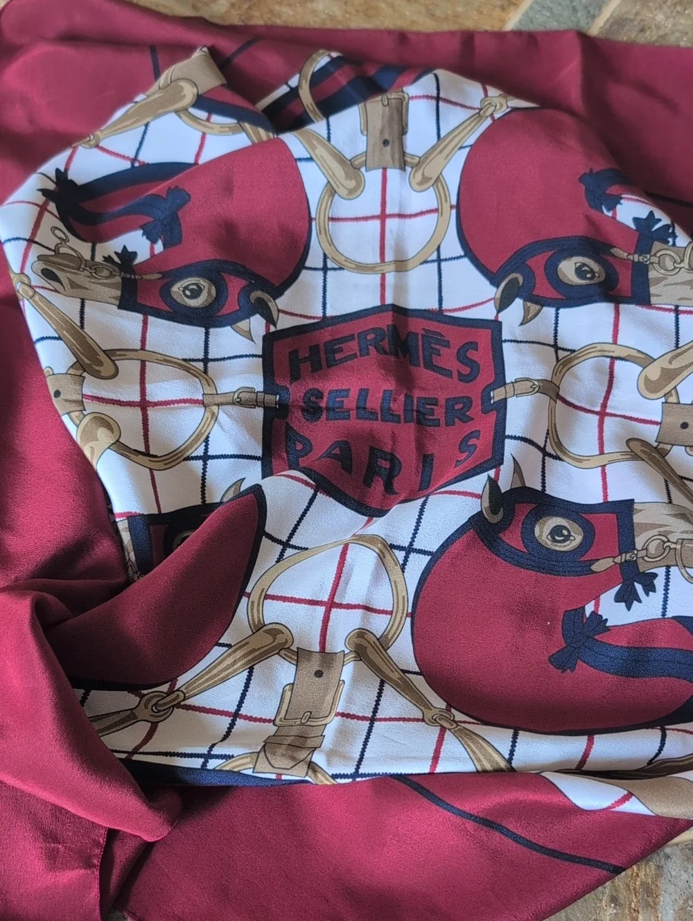 Hermes Paris Red, White and Gold Equestrian Design Scarf 29x31
